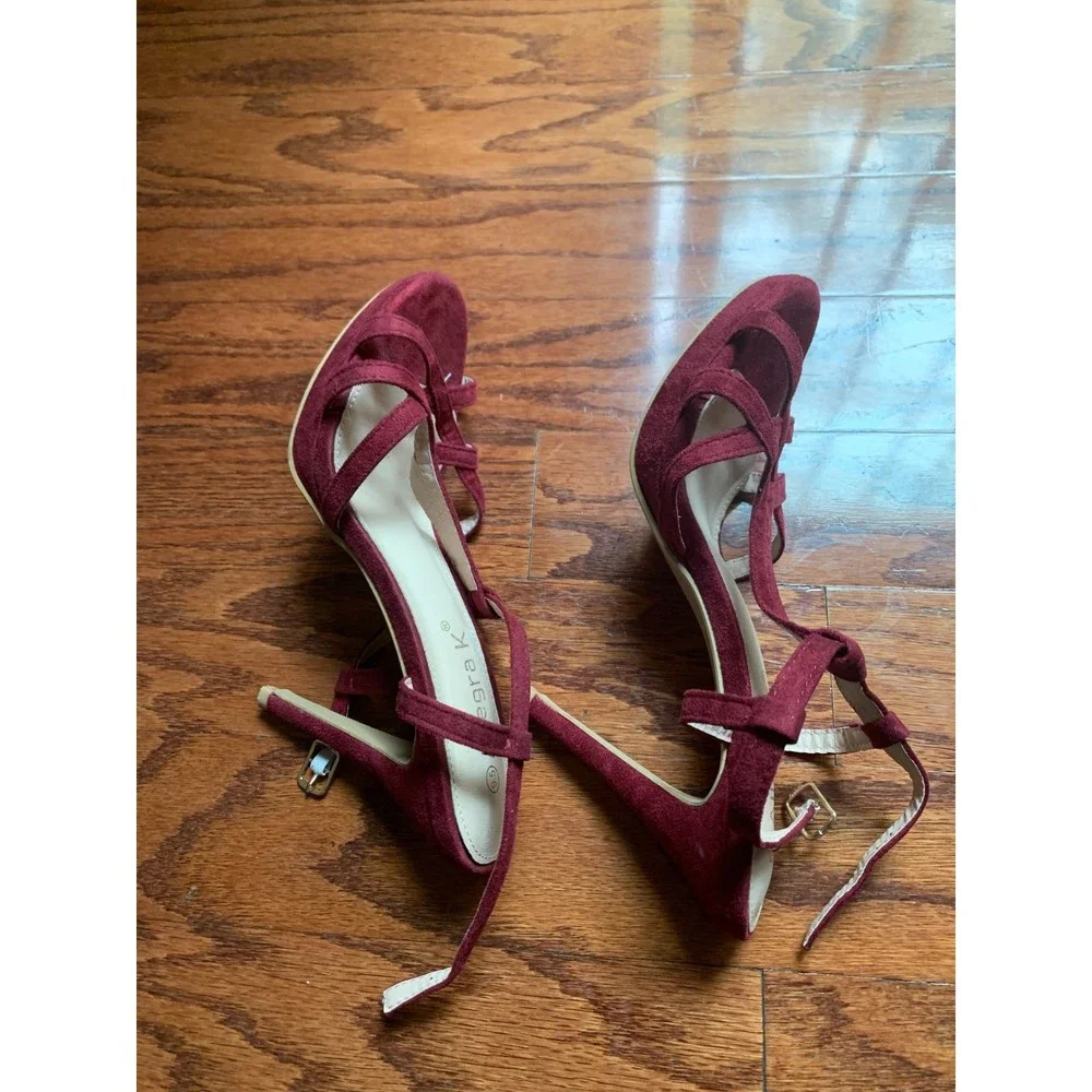 Allegra K T Strap Slingback Platform Stiletto Heel Wine Color Sandal Size 9.5